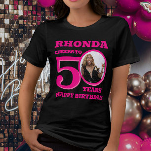 50th Birthday photo and name pink text Tri-Blend Shirt