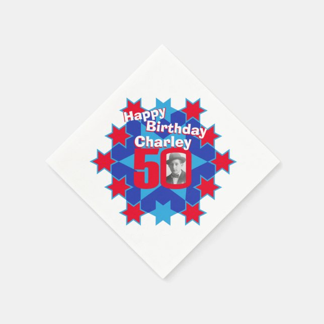 50th birthday photo and name red star napkins (Corner)
