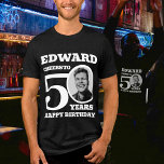 50th Birthday photo and name white text<br><div class="desc">Happy 50th Birthday black text, name and photo t-shirt. Fun 50th personalised photo t-shirt in bold white text design. Personalise this birthday shirt with a photograph of the birthday person in the middle of the number 0. Great idea for adding some fun to a milestone fiftieth birthday party celebration. Other...</div>