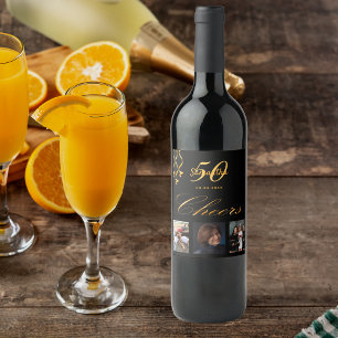 50th birthday photo black gold cheers script wine label