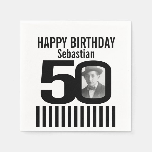 50th birthday photo black stripe photo napkins (Front)