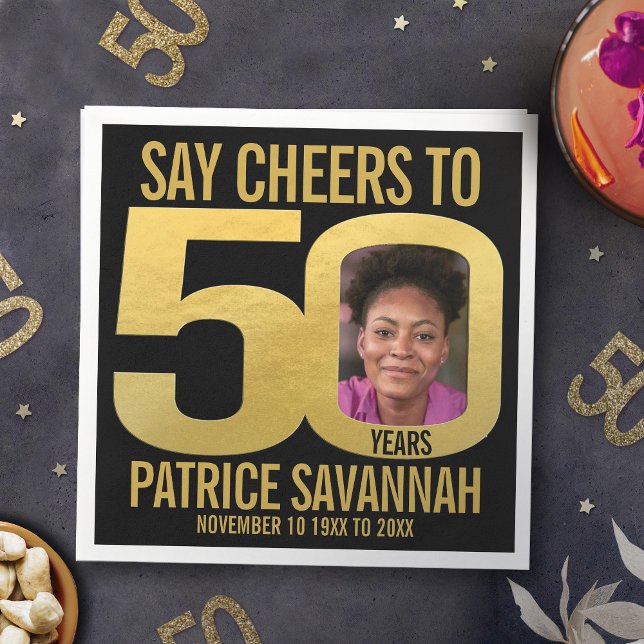 50th birthday photo cheers black and gold napkins (Creator Uploaded)