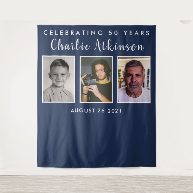 50th birthday photo collage backdrop banner tapestry (Front)