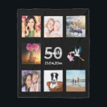 50th birthday photo collage black fleece blanket<br><div class="desc">A gift for a woman's 50th birthday,  celebrating her life with a collage of 8 of your photos.  Templates for a name,  age 50 and a date.  Date of birth or the date of the anniversary.  White and grey coloured letters.  Black coloured background.</div>