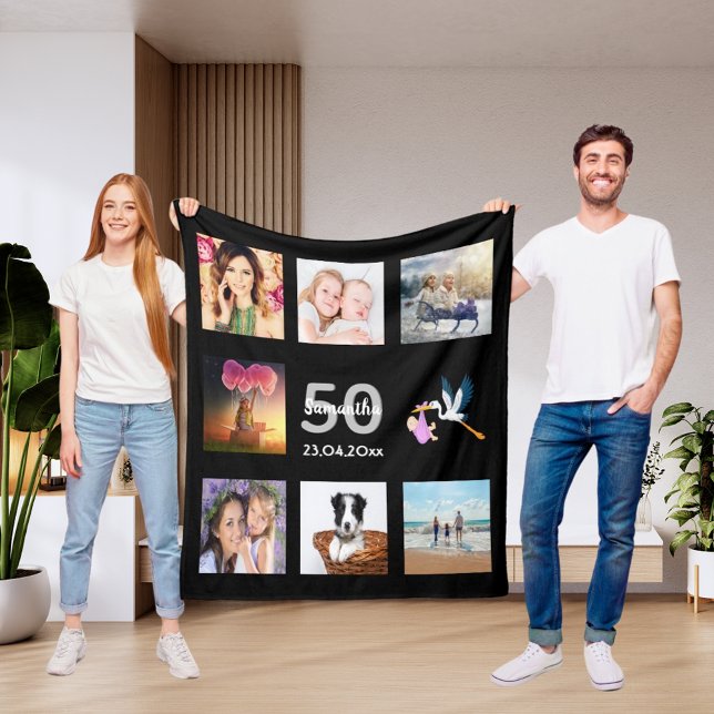 50th birthday photo collage black fleece blanket (Creator Uploaded)
