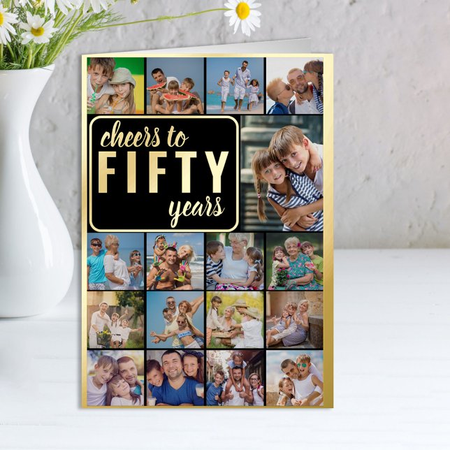 50th Birthday Photo Collage Cheers to 50 Years Foil Greeting Card (Creator Uploaded)