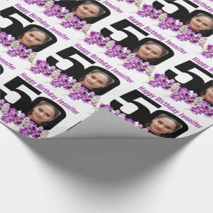 50th Birthday photo fun mono and purple flowers Wrapping Paper