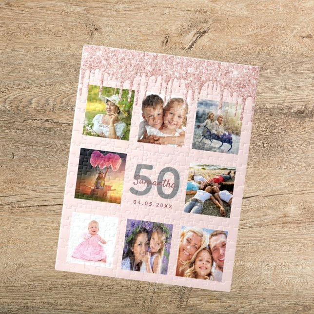 50th birthday photo glitter drips rose gold pink jigsaw puzzle (Creator Uploaded)