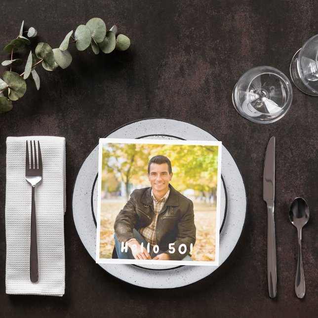 50th birthday photo hello 50 guys men luncheon napkin (Creator Uploaded)