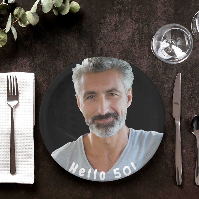 50th birthday photo hello 50 guys men paper plate (Creator Uploaded)