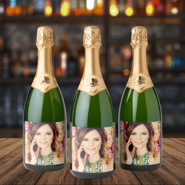 50th birthday photo hello 50 women sparkling wine label (Creator Uploaded)