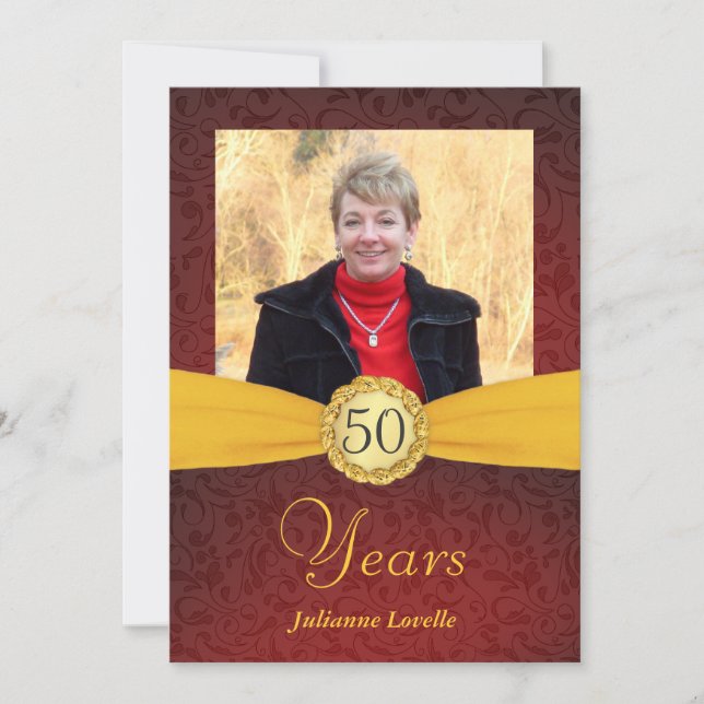 50th Birthday Photo Invitations - Red and Gold (Front)
