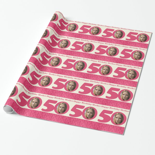 50th Birthday photo mother cream pink wrapping Paper (Unrolled)