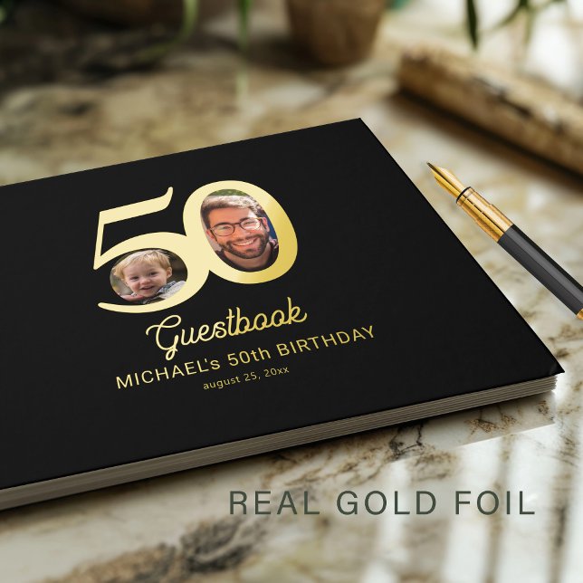 50th Birthday photo name black gold  Guest Book (Creator Uploaded)