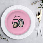 50th Birthday photo name personalised pink black Paper Plate<br><div class="desc">Trendy bold typography 50 years woman birthday funny personalised paper plates template with 2 photos and modern retro style black script. Easy to customise with your text and pictures.</div>