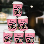 50th Birthday photo name personalised pink Paper Cups<br><div class="desc">Trendy bold typography 50 years woman birthday funny personalised paper cups template with 2 photos and modern retro style black script. Easy to customise with your text and pictures.</div>