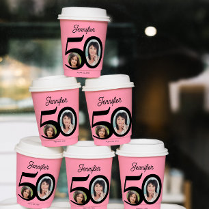 50th Birthday photo name personalised pink Paper Cups