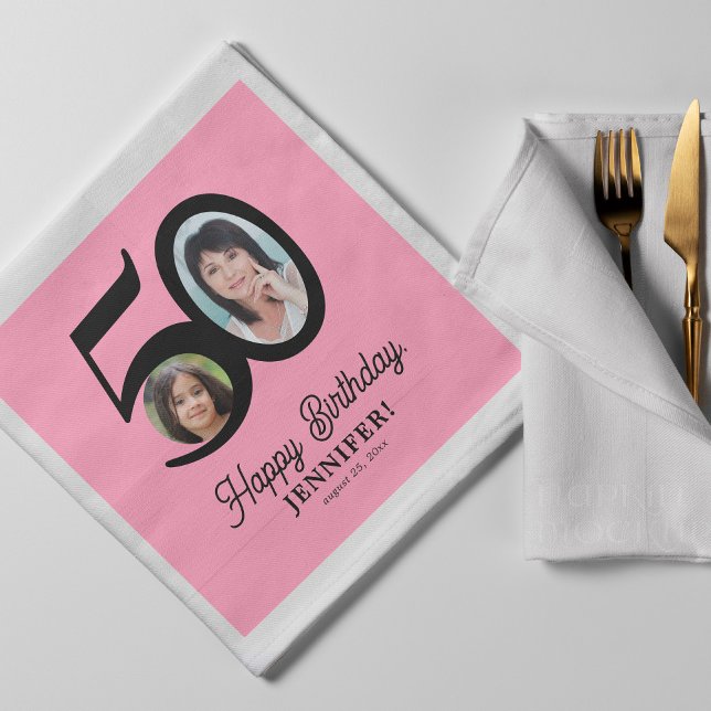 50th Birthday photo name pink black personalised Napkin (Creator Uploaded)