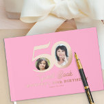 50th Birthday photo name pink rose gold Guest Book<br><div class="desc">Trendy bold real rose gold foil typography 50 years woman birthday elegant personalised pink guest book with 2 photos and modern retro style script. Easy to customise with your text and pictures.</div>
