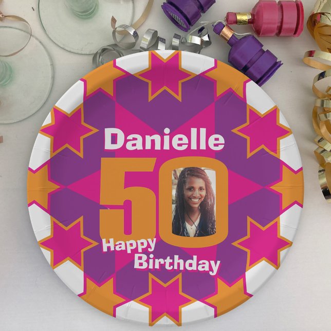 50th birthday photo name pink star paper plate (Creator Uploaded)