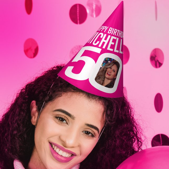 50th birthday photo personalised white hot pink party hat (Creator Uploaded)