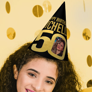 50th birthday photo personalized gold black party hat