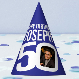 50th birthday photo personalized white blue party hat