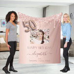 50th birthday photo rose gold glitter pink friends fleece blanket<br><div class="desc">A gift for a girly and glamourous 50th birthday from her best friends. A rose gold, pink gradient background with elegant rose gold coloured faux glitter drips, paint dripping look. Personalise and add your own high quality photo of the birthday girl, and your own names. The text: The name of...</div>