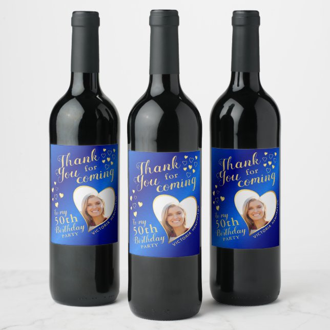 50th Birthday Photo Royal Blue and Gold Thank You Wine Label (Bottles)