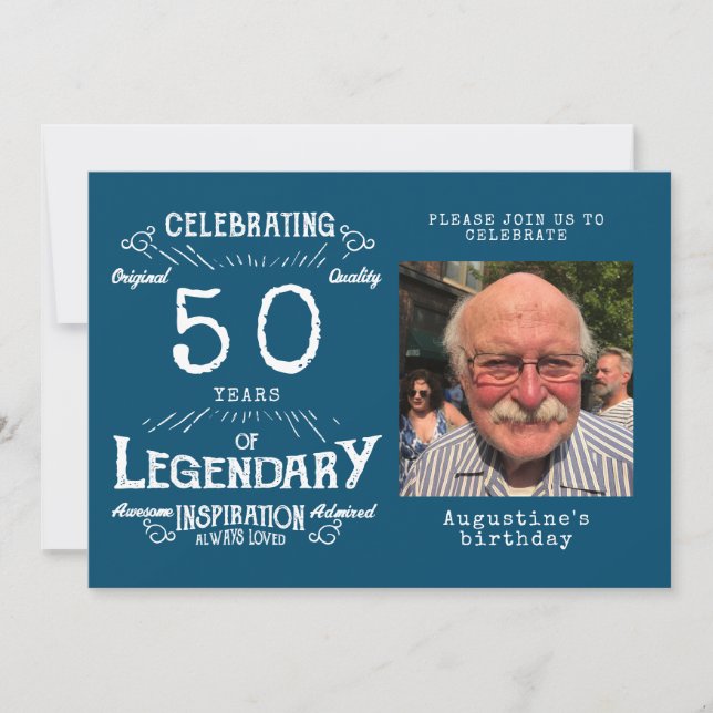 50th Birthday Photo Template Legend Blue Vintage (Front)