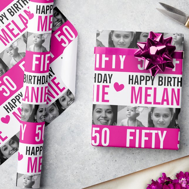50th birthday photos pink black white stripe wrapping paper (Creator Uploaded)
