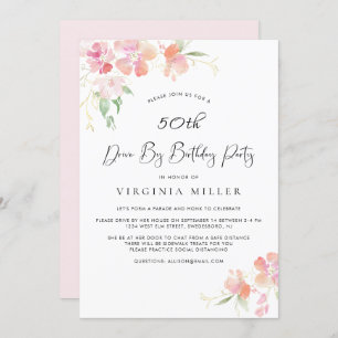 50th Birthday Pink and Gold Floral Drive By Party Invitation