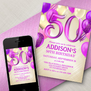 50th Birthday Pink Balloons Invitation