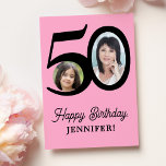 50th birthday pink black photo personalised card<br><div class="desc">Trendy bold typography 50 years woman birthday funny unique greeting card template with 2 photos and modern retro style script. Easy to personalise with your text and pictures on both sides. Digital download available.</div>