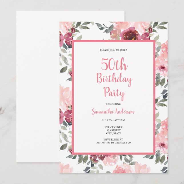 50th Birthday Pink Floral  Invitation (Front/Back)