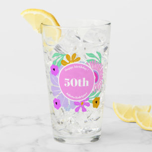 50th birthday pink floral romantic cute party glass