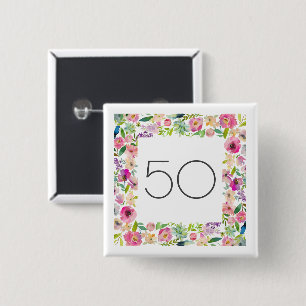 50th Birthday Pink Floral Square Her Beautiful 15 Cm Square Badge