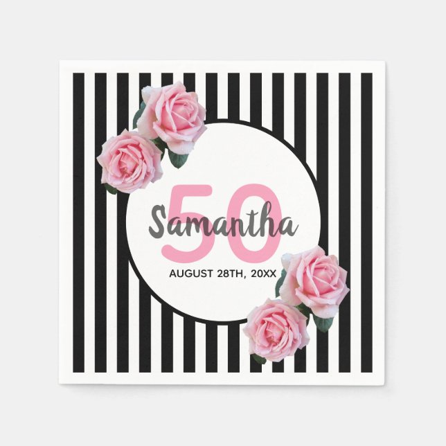 50th birthday pink flowers black stripes name napkin (Front)