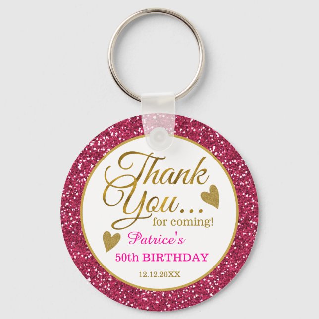 50th Birthday Pink Glitter And Gold Thank You Key Ring (Front)