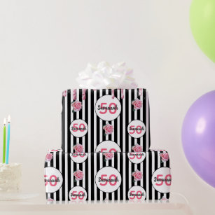 50th birthday pink glitter black stripes name wrapping paper