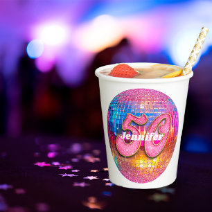 50th Birthday Pink Glitter Groovy 70s Disco Ball Paper Cups