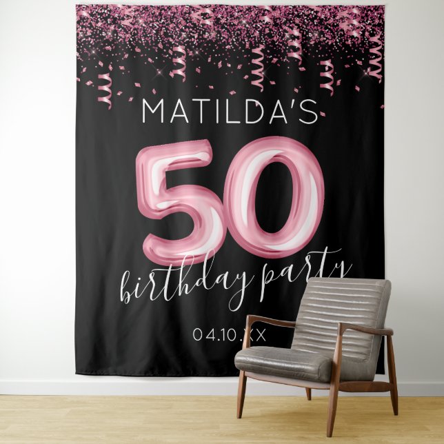 50th Birthday Pink Glitter Photo Backdrop Tapestry (In Situ)