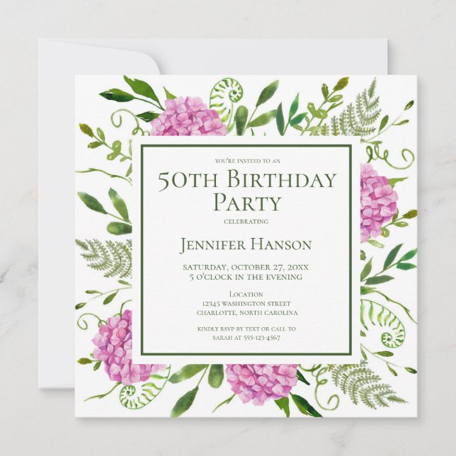 50th Birthday Pink Hydrangeas Card Request  (Front)