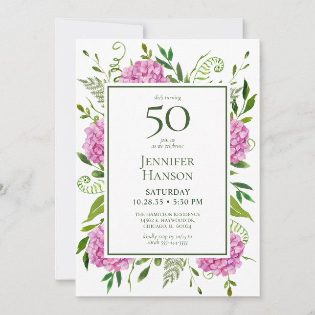 50th Birthday Pink Hydrangeas Card Request  (Front)