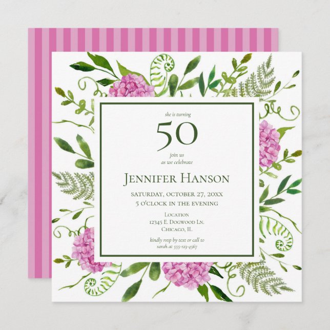 50th Birthday Pink Hydrangeas Invitation (Front/Back)