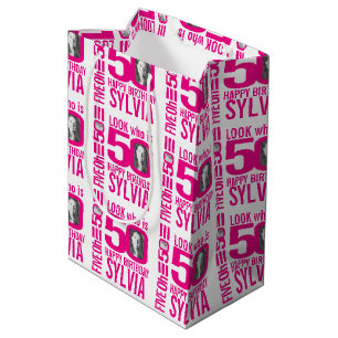 50th birthday pink look 50 custom photo name medium gift bag