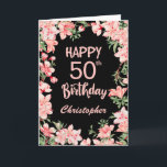 50th Birthday Pink Peach Watercolor Floral Black Card<br><div class="desc">50th Birthday Pink Peach Watercolor Floral Black Birthday Card. For further customisation,  please click the "Customise it" button and use our design tool to modify this template.</div>
