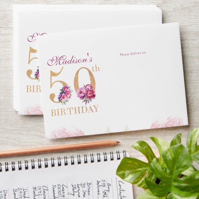 50th Birthday Pink Peonies Gold Glitter  Envelope (Stacked)
