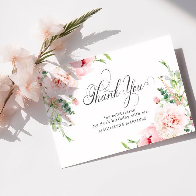50th Birthday Pink Peony Floral Flat Thank You Card (Creator Uploaded)