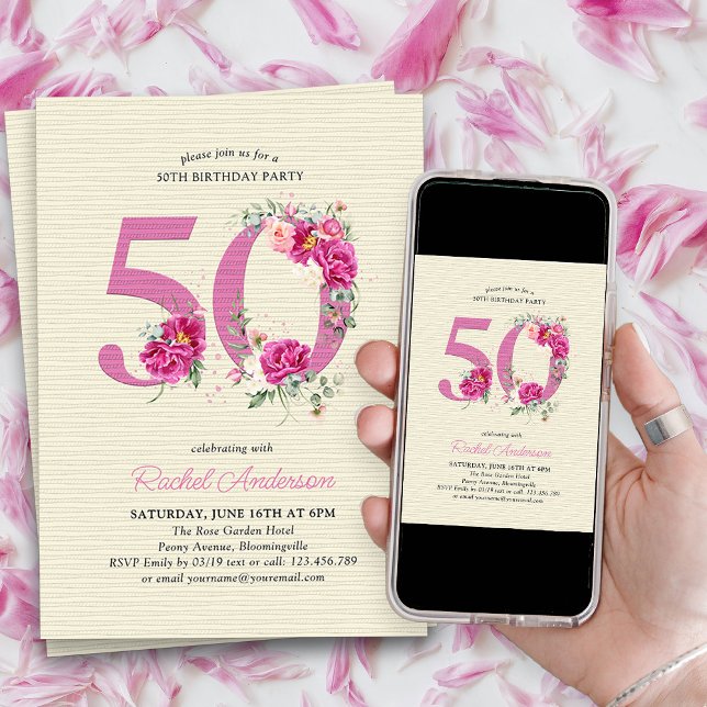 50th Birthday Pink Peony Floral Number 50 Invitation (50th Birthday Invitation with pink floral number 50 - elegant vintage design with roses and peonies)